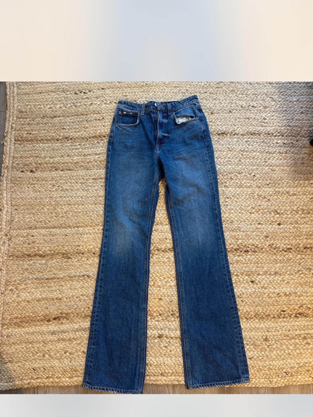 GRLFRND High-Rise Straight Leg Jeans in Dark Blue Wash
